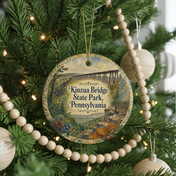 A round ornament hanging on a Christmas tree, featuring an illustration of the Kinzua Bridge in Pennsylvania.