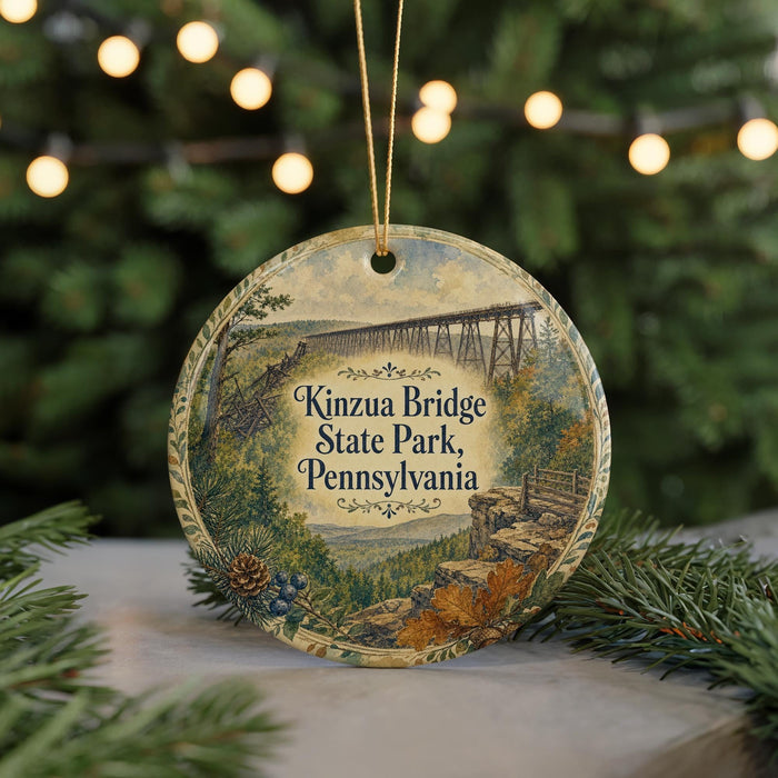 A circular ornament featuring an illustration of the Kinzua Bridge in Pennsylvania, surrounded by greenery and a scenic landscape.