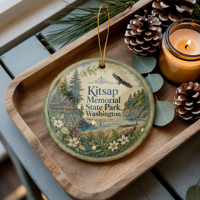 A decorative ornament with a scenic image of Kitsap Memorial State Park, Washington, sits on a wooden tray alongside pine cones and a lit candle.