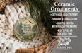 Ceramic ornaments, including a round ornament with a scenic image of Kitsap Memorial State Park, Washington, hanging from a wicker basket.