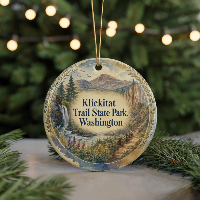A circular ornament with a scenic mountain landscape and waterfall, featuring the text "Klickitat Trail State Park, Washington".