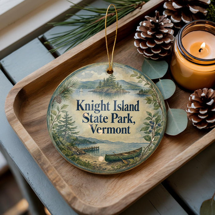 A decorative ornament with a scenic image of Knight Island, State Park, Vermont, is displayed on a wooden tray alongside pine cones and a lit candle.