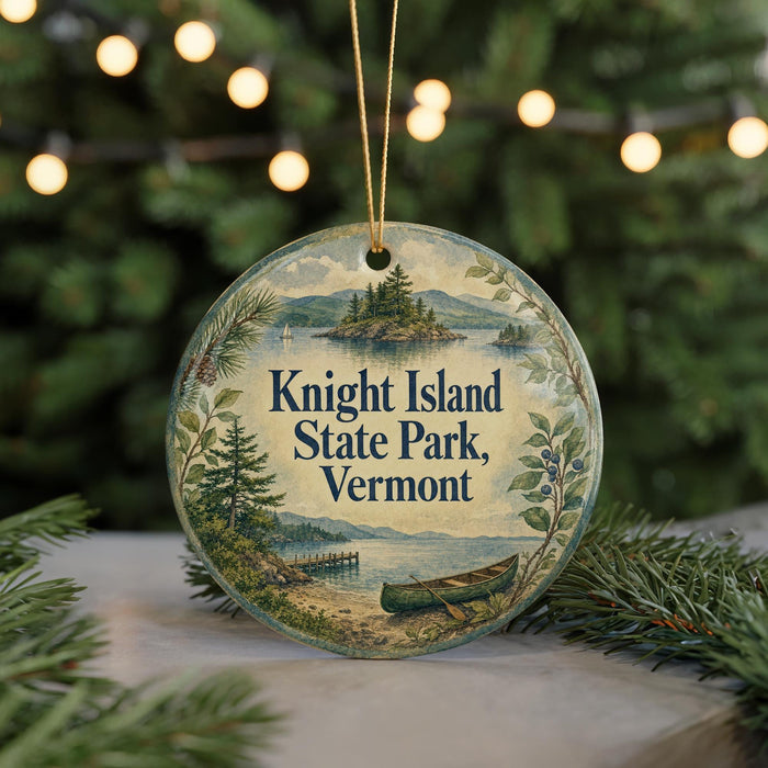 A round ornament with a scenic image of a lake and mountains, surrounded by pine trees, with the text "Knight Island State Park, Vermont" displayed on it.