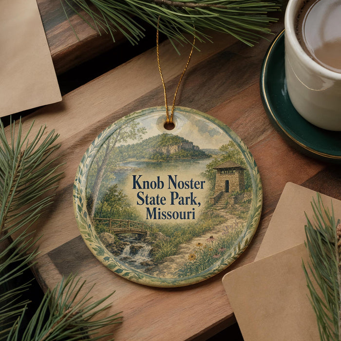 A decorative ornament featuring Knob Noster State Park in Missouri, with a scenic landscape and a small building, is displayed on a wooden surface alongside a cup of coffee and some pine branches.