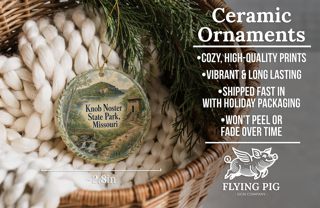 Ceramic ornaments, featuring a knob nest on a wicker basket, with a description of the ornaments and their features.