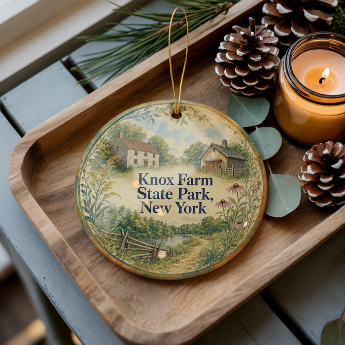 A wooden tray with a decorative ornament featuring a rural scene, pine cones, and a lit candle.