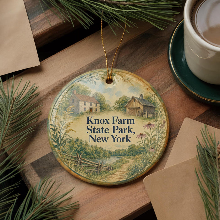 A decorative ornament with a rural scene and text, placed on a wooden surface next to a cup of coffee and some pine branches.