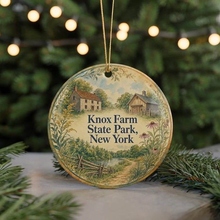A round ornament with a painting of a farm and a barn, hanging on a string, with the text "Knox Farm State Park, New York" displayed on it.