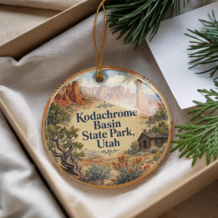 A decorative ornament with a scenic image of the Kodachrome Basin State Park in Utah, featuring a cabin and desert landscape.