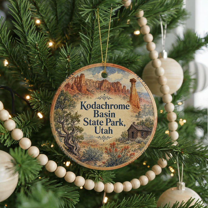 A circular ornament hanging on a Christmas tree, featuring an illustration of the Kodachrome Basin State Park in Utah.