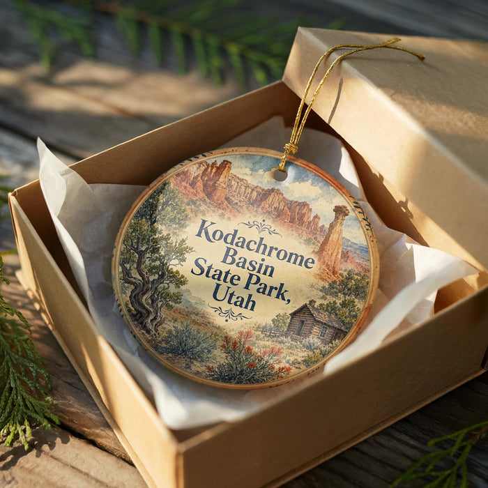 A wooden box containing a decorative ornament with a landscape scene featuring a mountain range and a cabin.