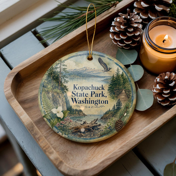 A decorative ornament featuring a scenic landscape of Kopachuck State Park, Washington, with pine cones, a candle, and greenery surrounding it.