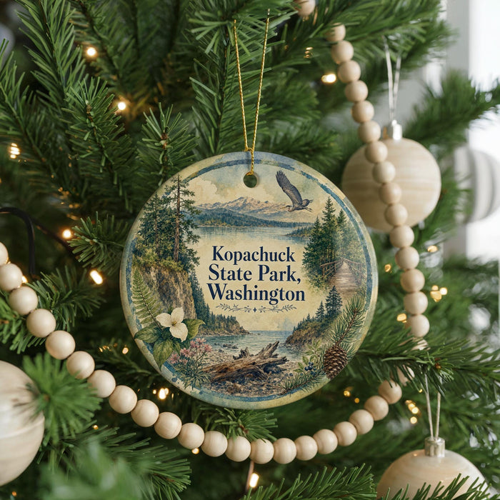 A round ornament hanging on a Christmas tree, featuring a scenic landscape with mountains, pine trees, and a bird in flight.
