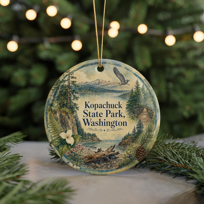 A round ornament with a scenic landscape of Kupachuck State Park, Washington, featuring a mountain, pine trees, and a bird in flight.