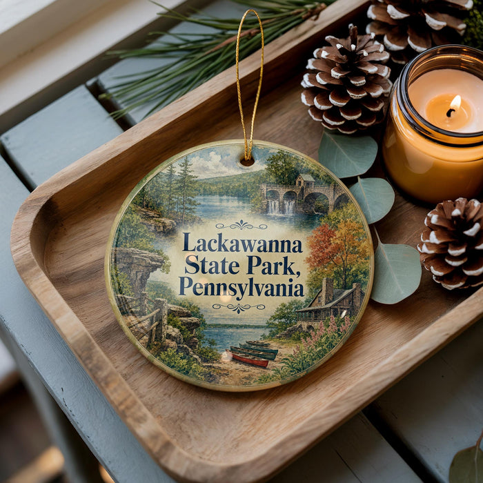 A wooden tray with a decorative ornament featuring a scenic landscape of Lackawanna State Park, Pennsylvania, and pine cones.