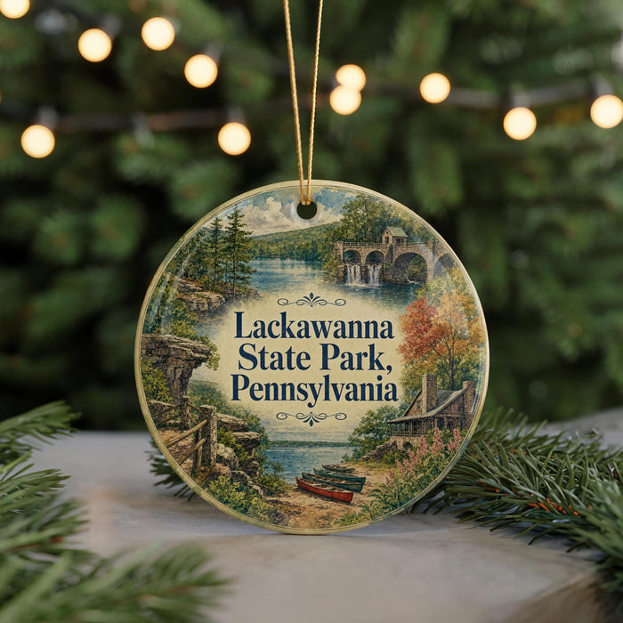 A round ornament featuring a scenic landscape of Lackawanna State Park, Pennsylvania, with a bridge, trees, and a lake in the background.