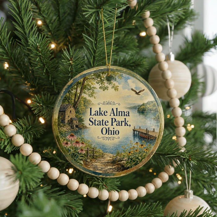 A round ornament hanging on a Christmas tree, featuring a scenic image of Lake Alma State Park, Ohio.