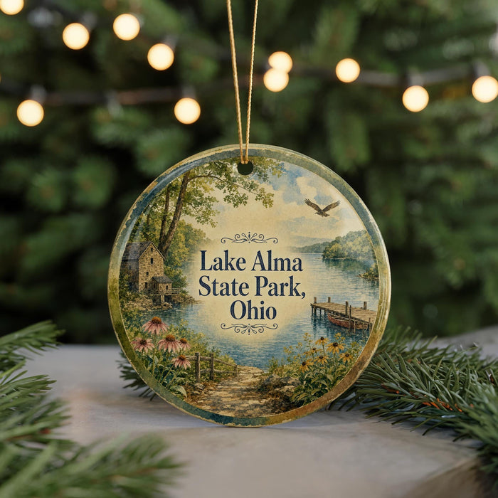 A round ornament with a scenic image of Lake Alma State Park, Ohio, featuring a lake, a dock, and a bird in flight.