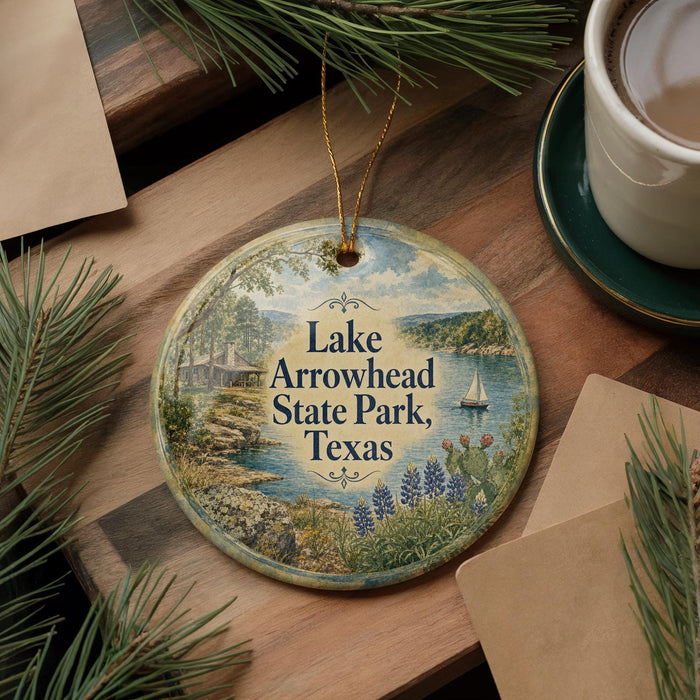A decorative ornament with a scenic image of Lake Arrowhead State Park, Texas, featuring a sailboat, pine trees, and a lake.