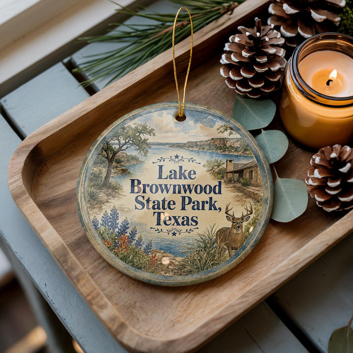 A wooden tray with a decorative ornament featuring a scenic landscape of Lake Brownwood State Park, Texas, and pine cones.