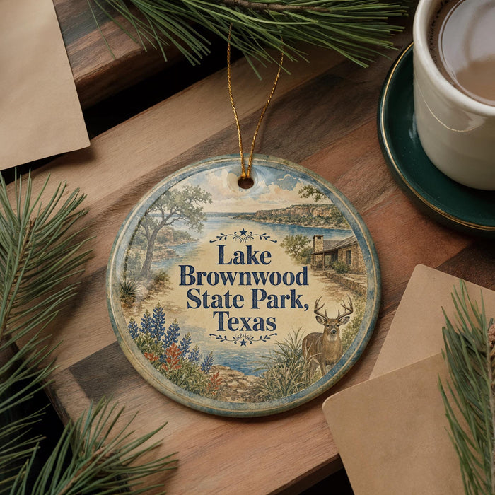 A decorative ornament featuring a scenic landscape of Lake Brownwood State Park, Texas, with a deer in the foreground.