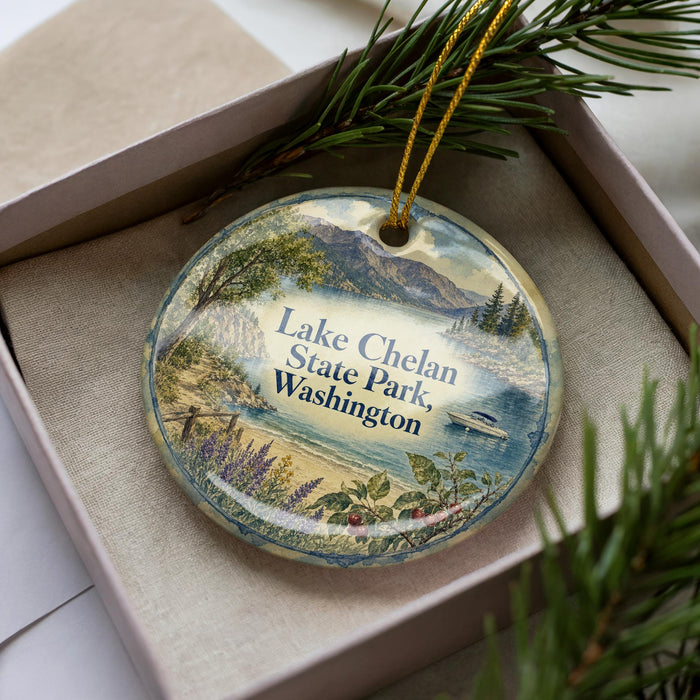 A decorative ornament in a box, featuring a scenic landscape with mountains, trees, and a lake.