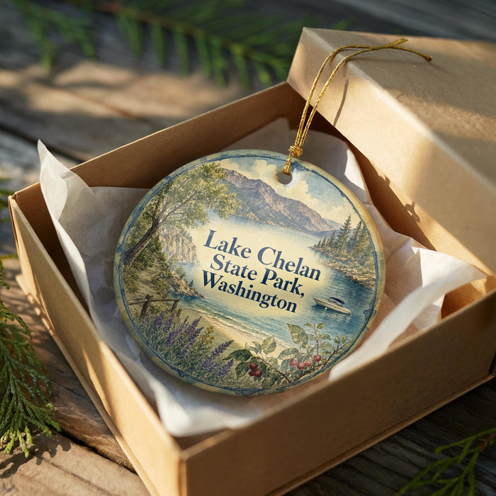 A round ornament in a box, featuring a scenic landscape with mountains, trees, and a lake, with the text "Lake Chelan State Park, Washington" printed on it.
