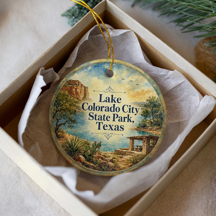 A decorative ornament in a box, featuring a scenic landscape with a lake, mountains, and a desert.