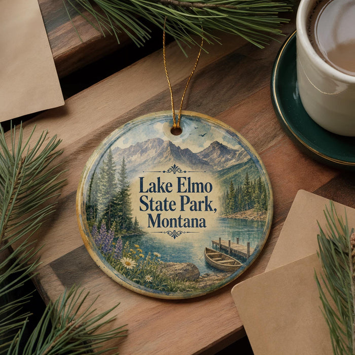 A decorative ornament featuring Lake Elmo State Park, Montana, with a scenic landscape of mountains, pine trees, and a lake.