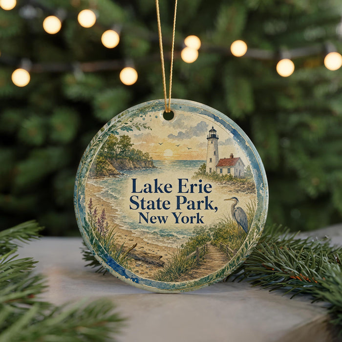 A round ornament with a lighthouse and a beach scene, featuring the text "Lake Erie State Park, New York".