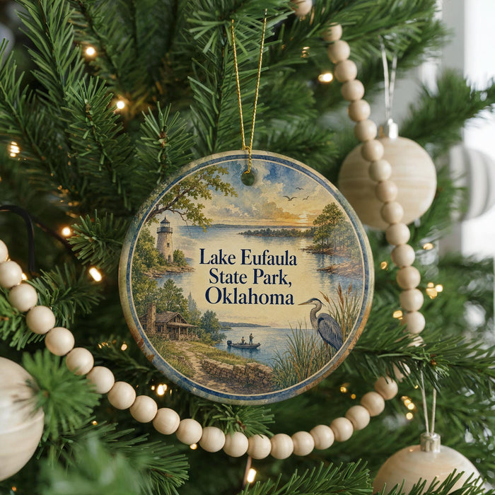 A circular ornament hanging on a Christmas tree, featuring a scenic landscape with a lighthouse and a bird.