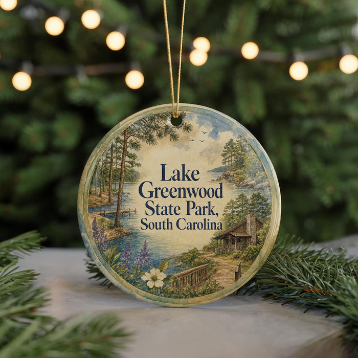 A round ornament with a scenic image of Lake Greenwood State Park, South Carolina, hanging from a string.