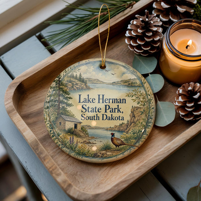 A decorative ornament with a scenic landscape of Lake Herman State Park, South Dakota, featuring a bird, pine cones, and a candle on a wooden tray.