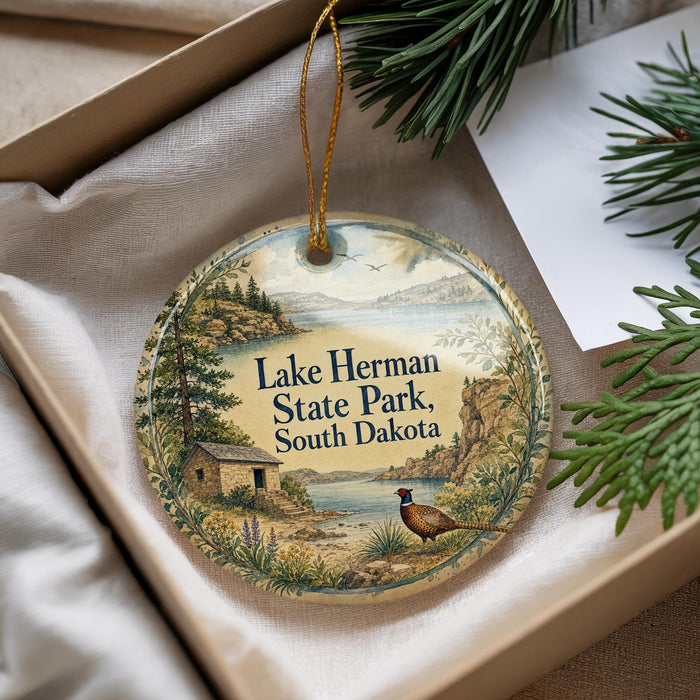 A decorative ornament with a scenic landscape of Lake Herman State Park, South Dakota, featuring a bird and a cabin, is displayed in a box with pine branches.