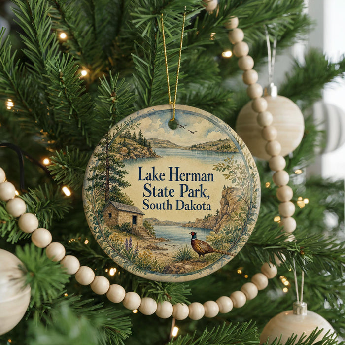 A round ornament hanging on a Christmas tree, featuring a scenic landscape with a lake, mountains, and a bird.