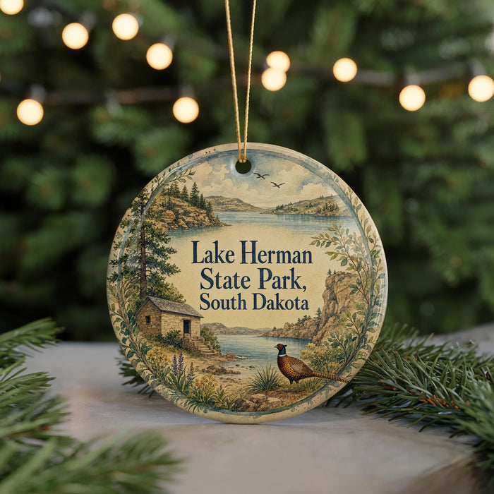 A round ornament with a scenic landscape of Lake Herman State Park, South Dakota, featuring a bird, pine trees, and a lake.