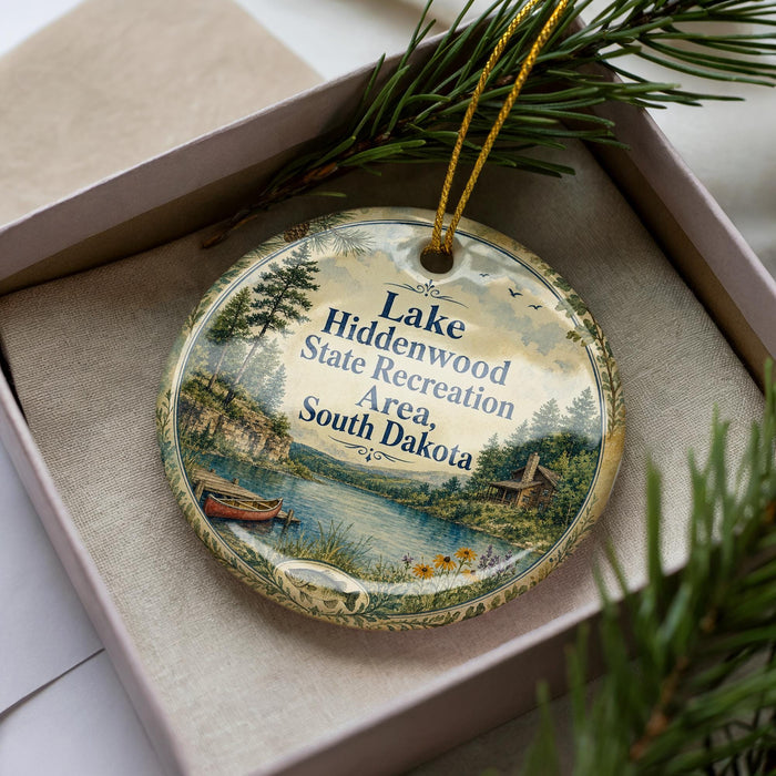 A decorative ornament with a lake and forest scene, featuring a boat on the water and a cabin in the background.