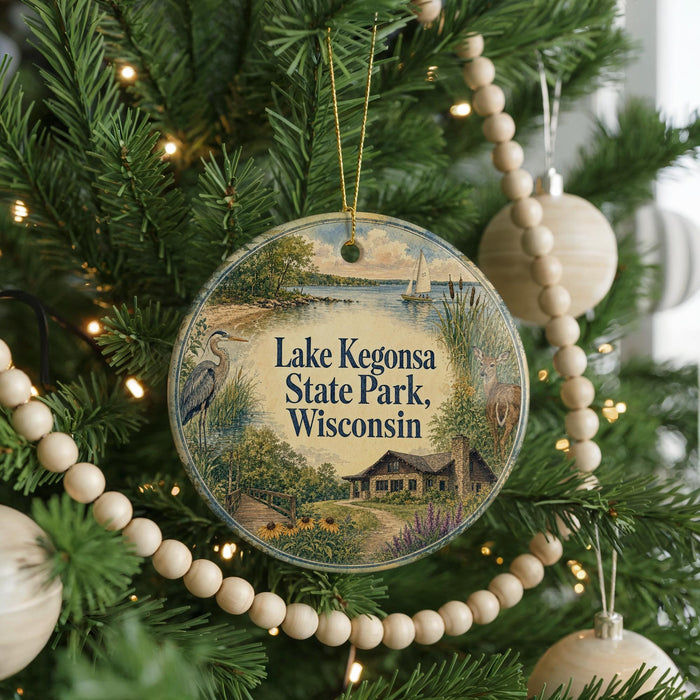 A circular ornament hanging on a Christmas tree, featuring a scenic image of Lake Kegona State Park, Wisconsin.