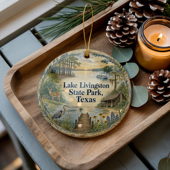 A wooden tray with a decorative ornament featuring a scenic landscape of Lake Livingston, Texas, surrounded by pine cones and a lit candle.