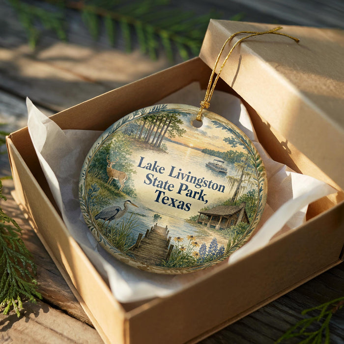 A decorative ornament in a box, featuring a scenic landscape with a lake, trees, and wildlife, including a bird and a deer.