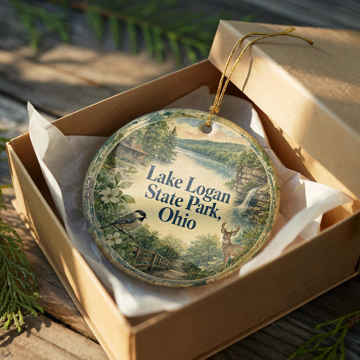A round ornament in a box, featuring a scenic landscape with a bird, deer, and trees, along with the text "Lake Logan State Park, Ohio".