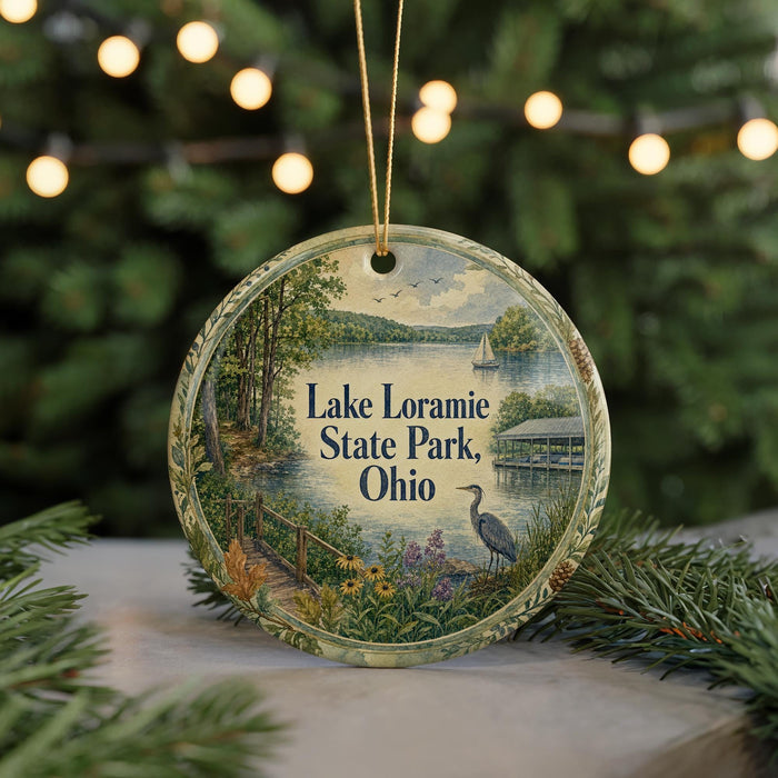A round ornament with a scenic image of Lake Loramie State Park, Ohio, featuring a bird, a bridge, and a lake surrounded by trees.