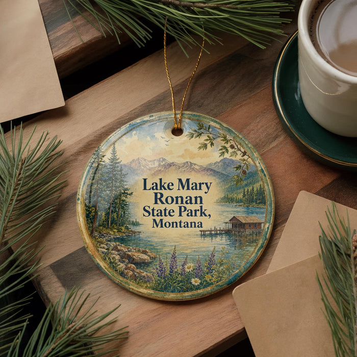 A decorative ornament featuring a scenic landscape of Lake Mary Ronan State Park in Montana, with pine trees and a lake in the background.
