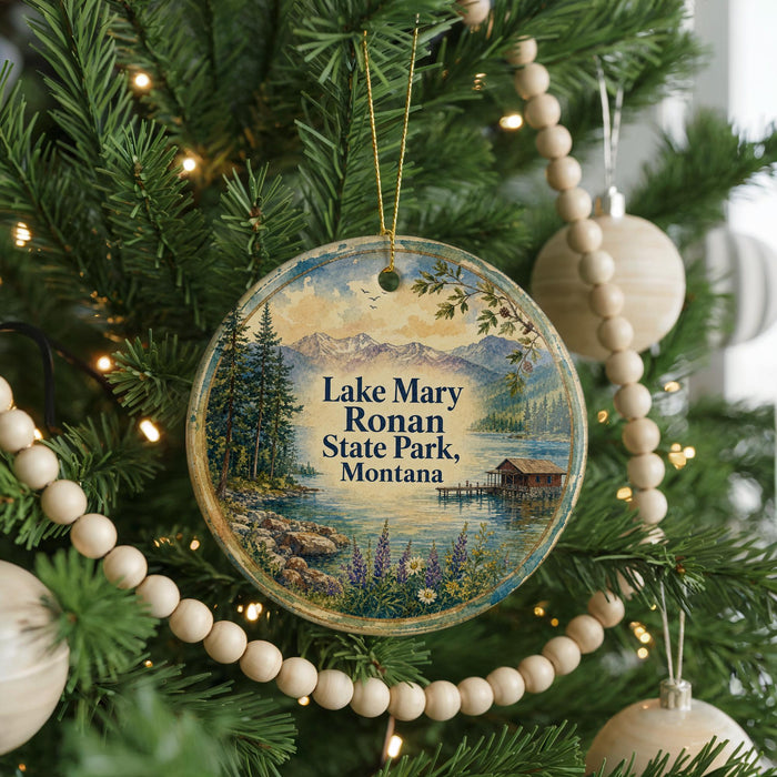A round ornament hanging on a Christmas tree, featuring a scenic landscape with mountains, a lake, and a wooden dock.
