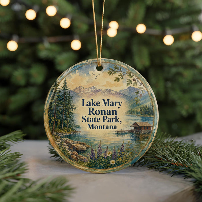 A round ornament with a painting of Lake Mary Ronan State Park in Montana, featuring a scenic landscape with mountains, pine trees, and a lake.