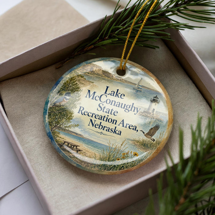 A decorative ornament with a lake and surrounding landscape, featuring text that reads "Lake Conaway State Recreation Area, Nebraska".