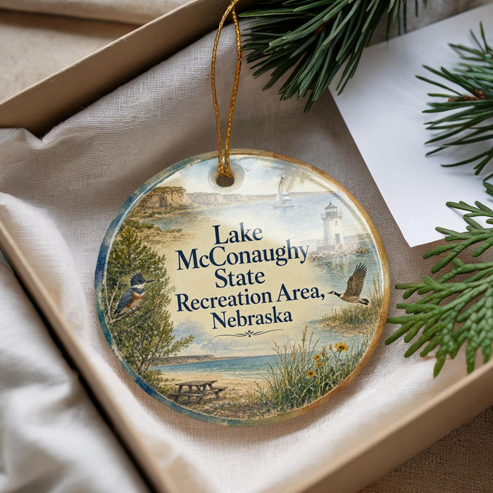 A round ornament with a scenic landscape of Lake Conaway State Recreation Area, Nebraska, featuring a bird, a lighthouse, and a picnic table.