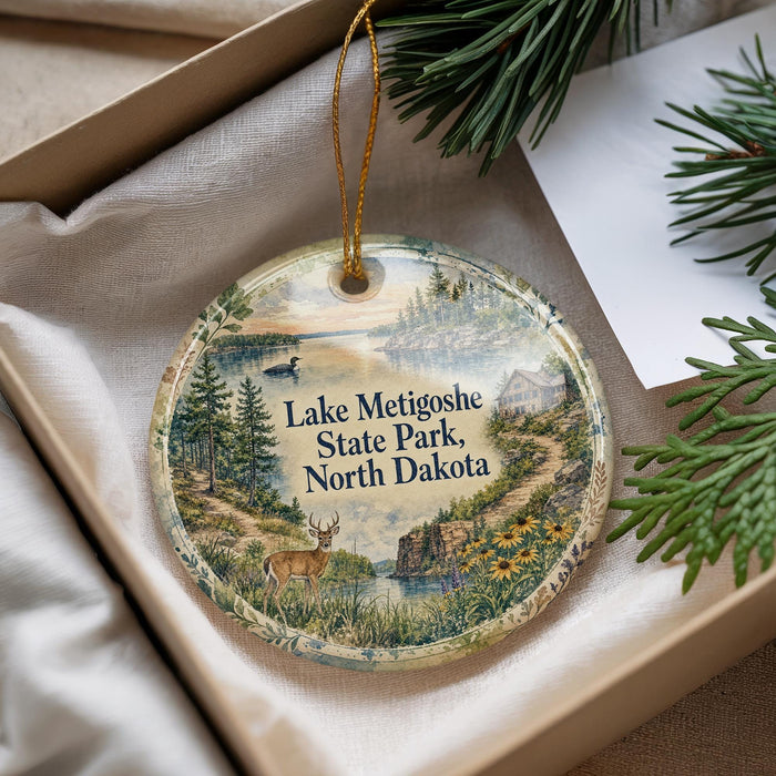 A decorative ornament with a scenic landscape of Lake Metigoshe State Park, North Dakota, featuring a deer, pine trees, and a river.