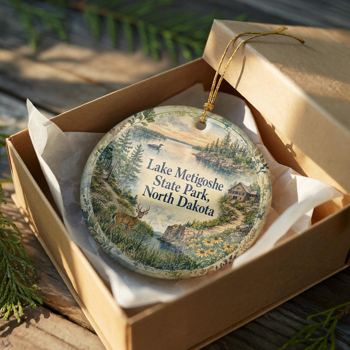 A decorative ornament in a box, featuring a scenic landscape with a lake, trees, and a deer.