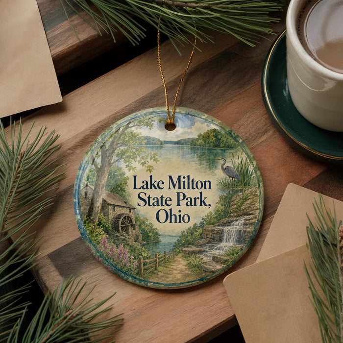 A round ornament with a scenic landscape of Lake Milton State Park, Ohio, featuring a watermill, pine trees, and a bird.